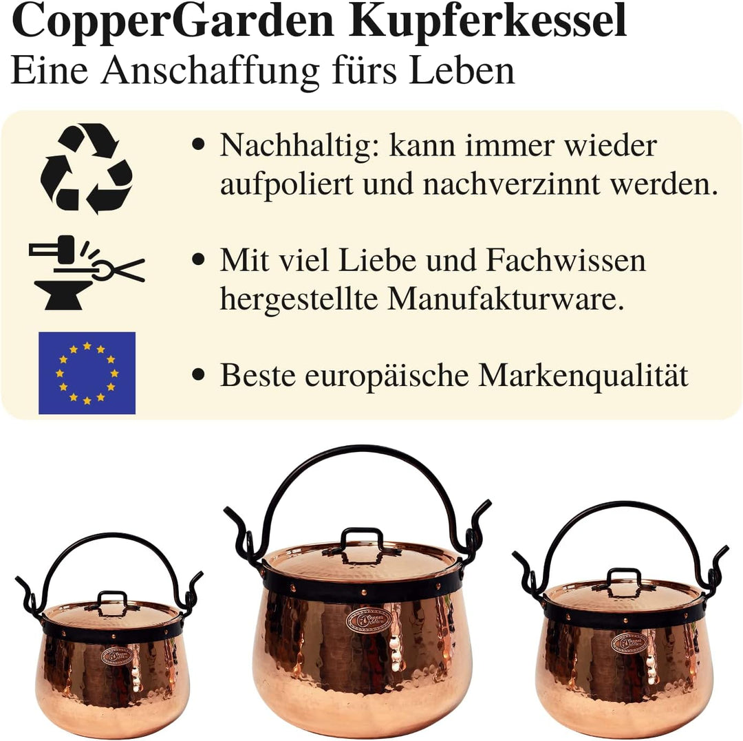 CopperGarden Kupferkessel 5 Liter I Hexenkessel mit Henkel &amp; Deckel I Handgeschmiedeter Kessel aus b