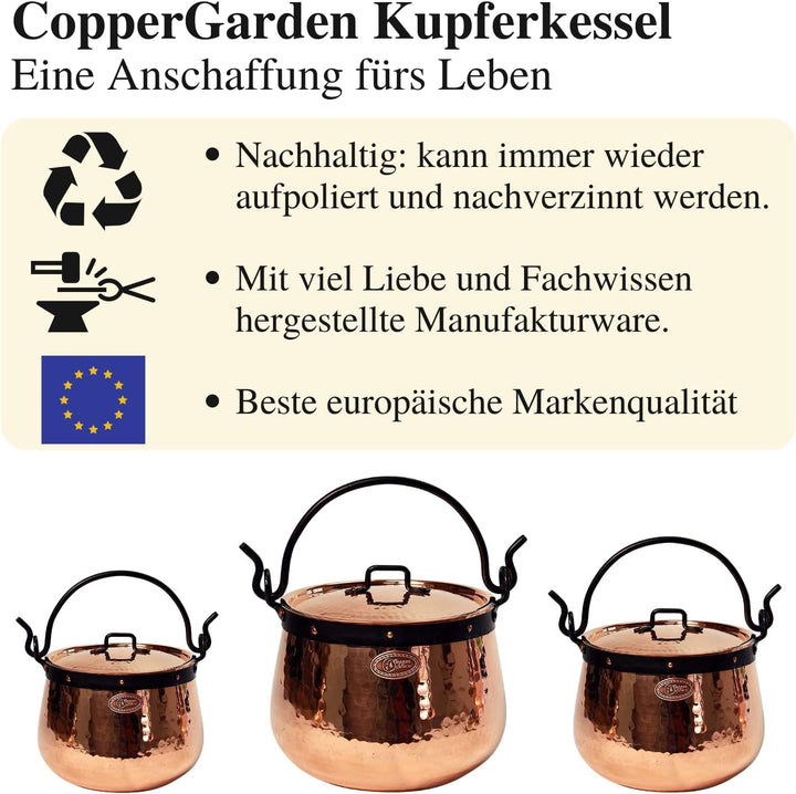 CopperGarden Kupferkessel 5 Liter I Hexenkessel mit Henkel &amp; Deckel I Handgeschmiedeter Kessel aus b