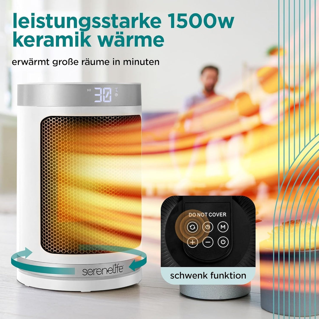 SereneLife Smart Heizlüfter 1500W PTC Keramik, Leise &amp; Energiesparend, WiFi Thermostat, Fernbedienun