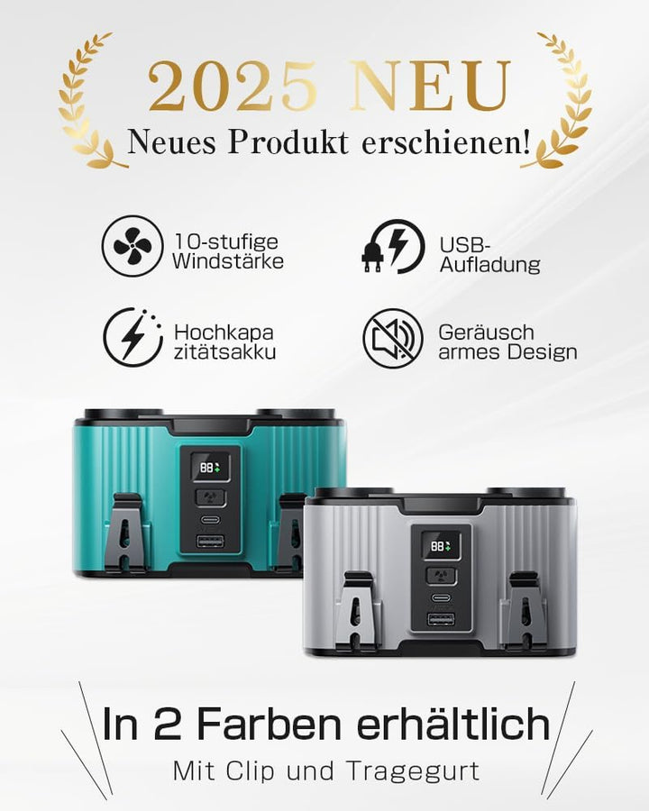SLuB Tragbarer 4-in-1 Ventilator: Hand-, Hals-, Gürtel- und Tischnutzung. 10 Windgeschwindigkeiten,
