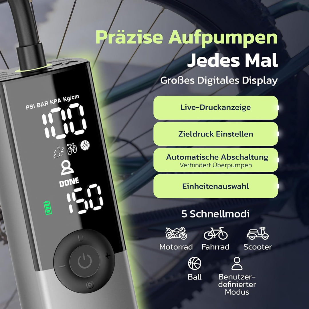 Woowind Ventus Ride Fahrradpumpe, 150 PSI/10,3 Bar, Elektrische Luftpumpe, Aufpumpen in 1 Minute, Ak
