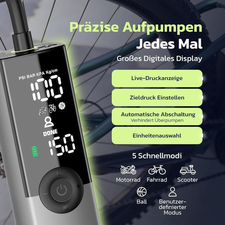 Woowind Ventus Ride Fahrradpumpe, 150 PSI/10,3 Bar, Elektrische Luftpumpe, Aufpumpen in 1 Minute, Ak