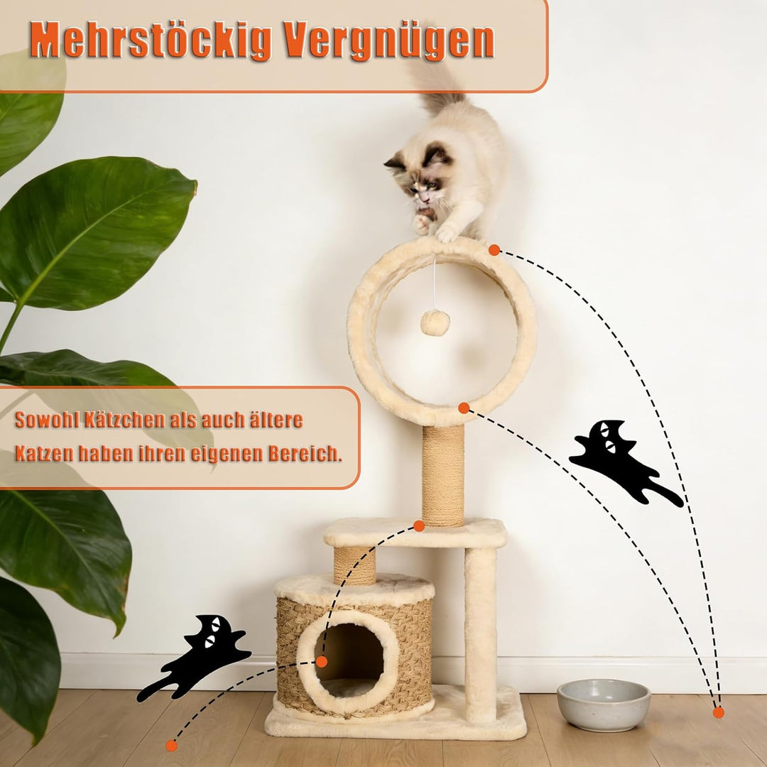 Kratzbaum Modern mit Sisal Kratzsäulen & Handgestrickter Höhle – Stabiler Katzenbaum aus Natürlichem
