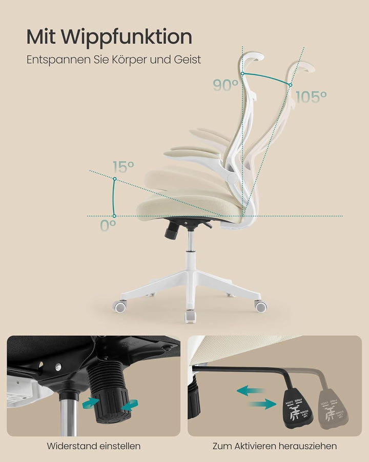 SONGMICS Bürostuhl, Schreibtischstuhl, ergonomische Rückenlehne, höhenverstellbar, hochklappbare Arm