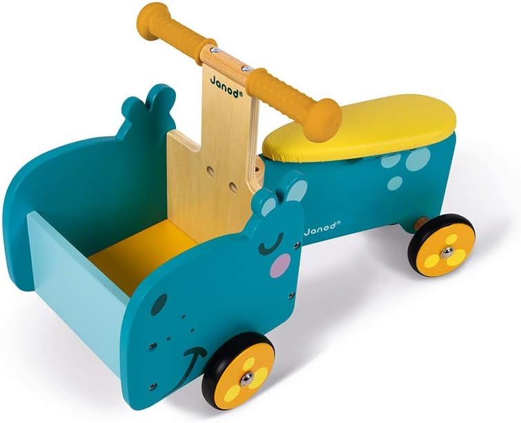 Janod - Hippopotamus Wooden Ride-On for Children - Ergonomic Handles and Silent Wheels - Storage Com
