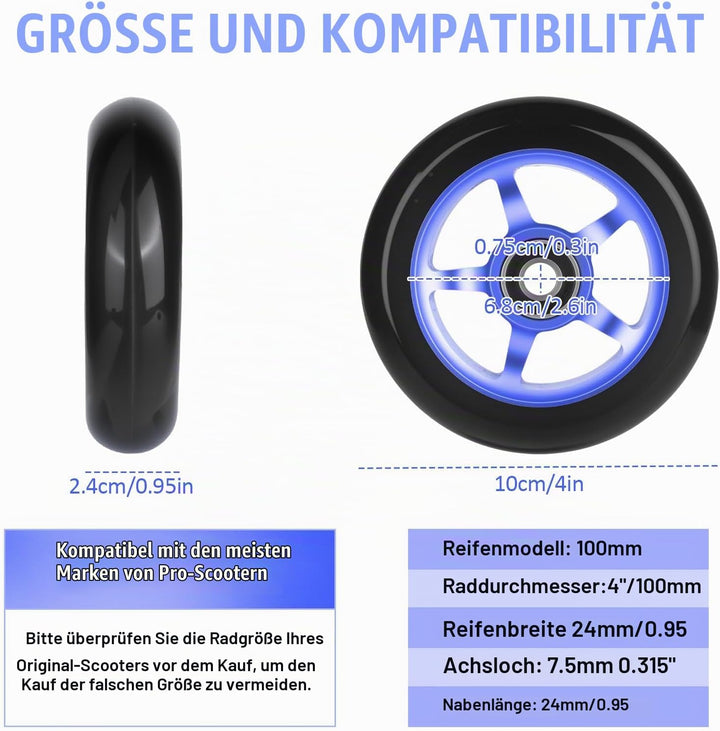 Stunt Scooter Rollen100mm, 2 Stück Stunt Scooter Räder Ersatzräder mit ABEC/ 9 Kugellager/Härtegrad
