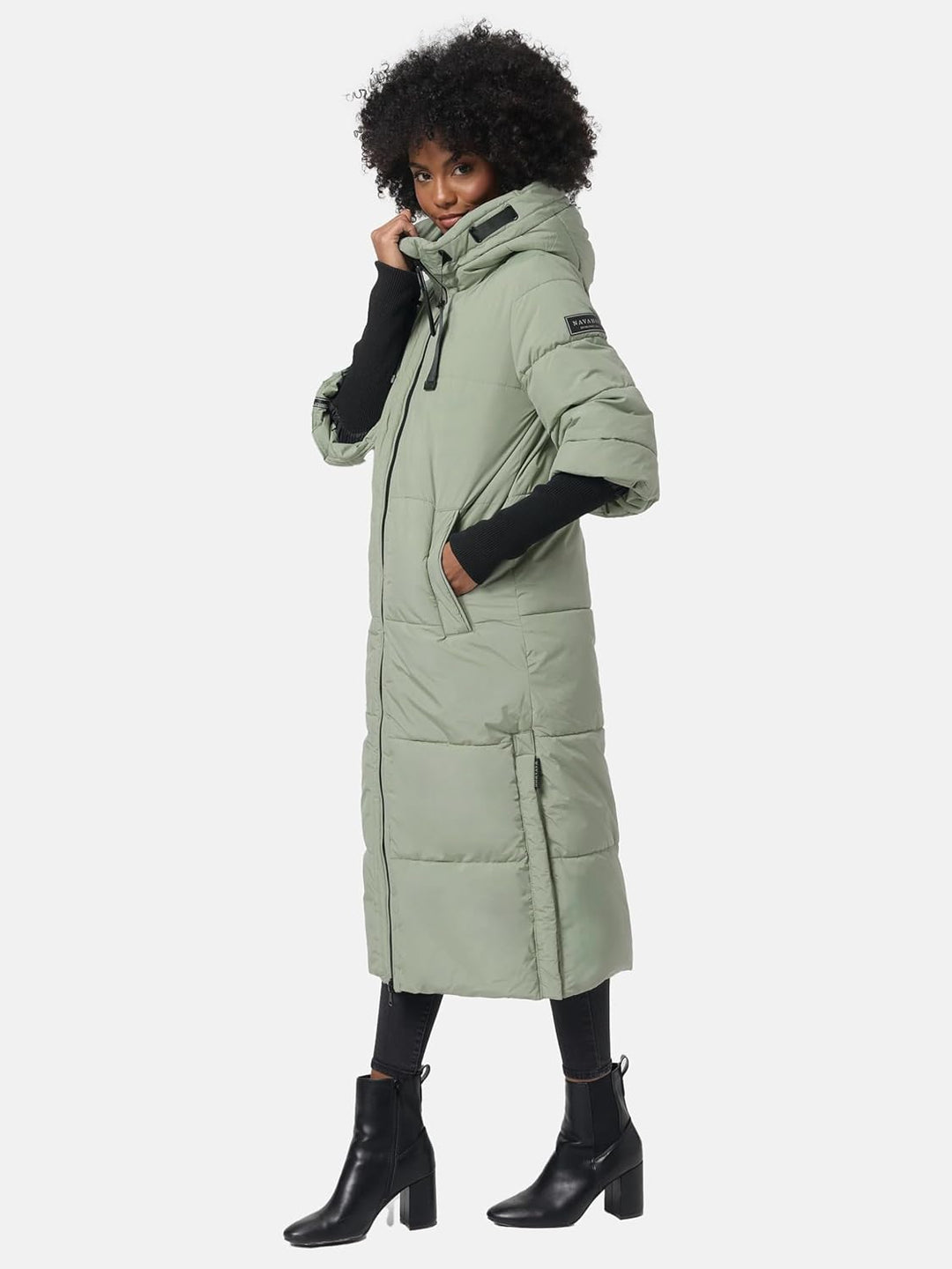 Navahoo Damen Langer Wintermantel Warmer Steppmantel mit Kapuze und Rippstrickärmeln Ciao MIAU XIV X