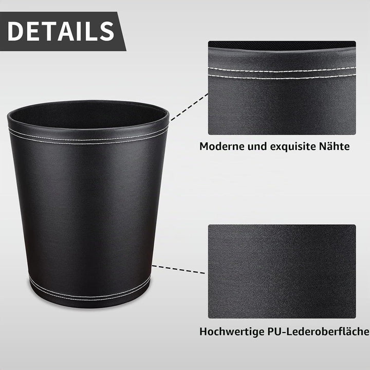 GORESE Papierkorb Büro - Papierkorb aus Leder in Schwarz, modernes Design, Mülleimer für Küche, Bad,
