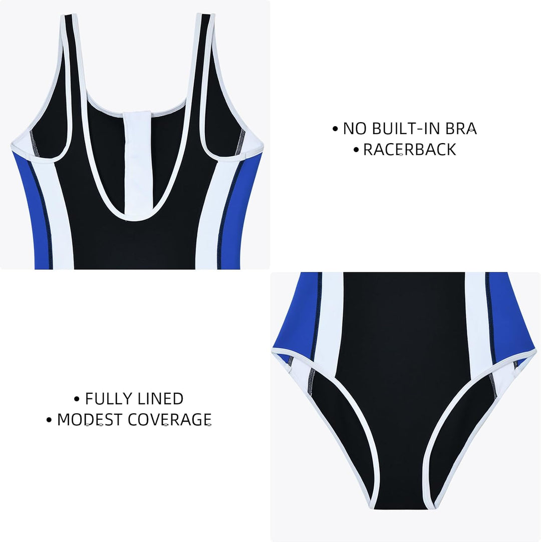 Damen Sport Badeanzug Racerback Schwarz Sport Bademode 38 Blau/Schwarz, 38 Blau/Schwarz