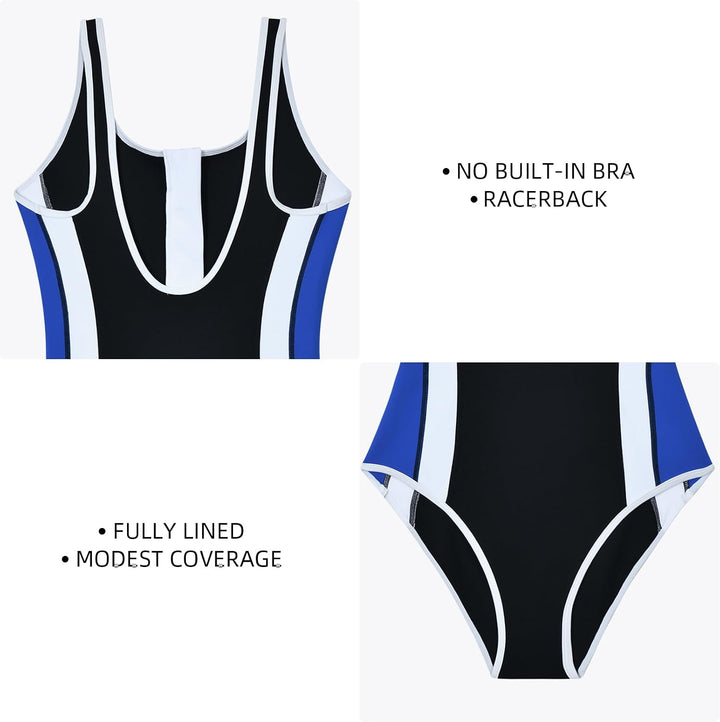 Damen Sport Badeanzug Racerback Schwarz Sport Bademode 38 Blau/Schwarz, 38 Blau/Schwarz