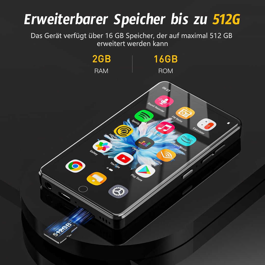 4,02 Zoll IPS HD Touchscreen, MP3 Player mit WLAN und Bluetooth, MP4 Player mit Lautsprechern, Musik