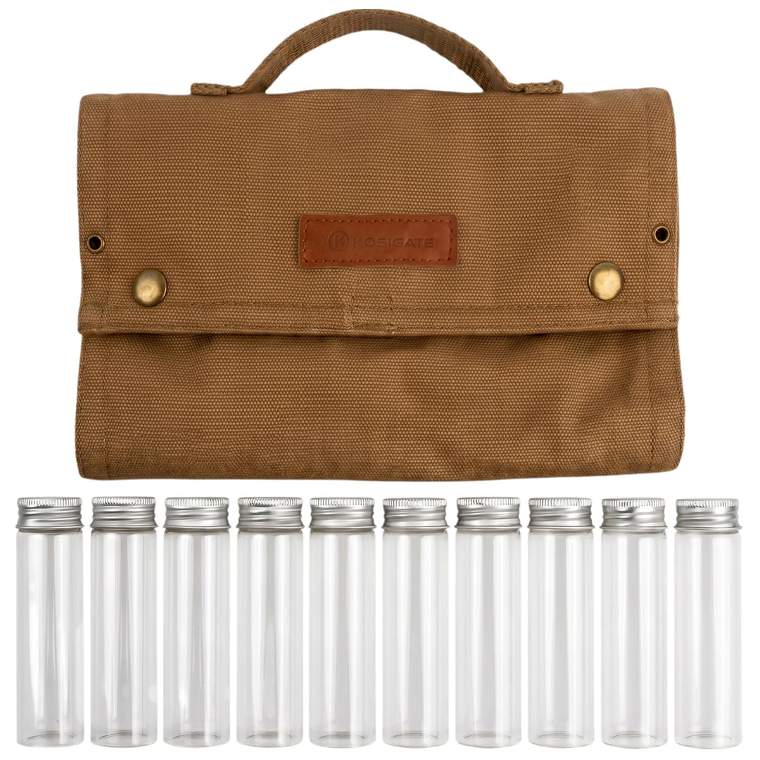 Tragbare Gewürztasche aus Segeltuch mit 10 Glasflaschen Camping Gewürzset für Outdoor BBQ, Picknick,