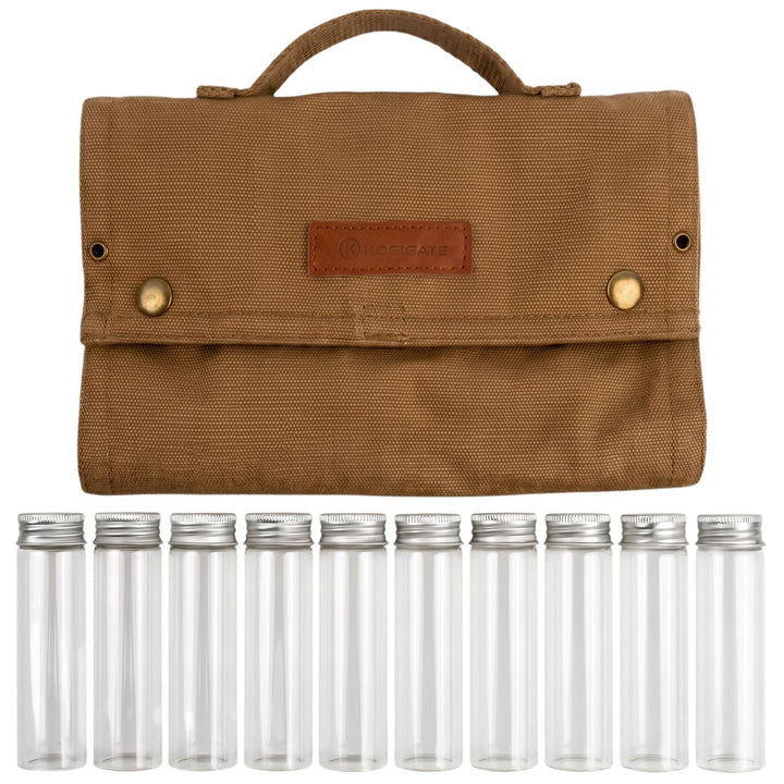 Tragbare Gewürztasche aus Segeltuch mit 10 Glasflaschen Camping Gewürzset für Outdoor BBQ, Picknick,
