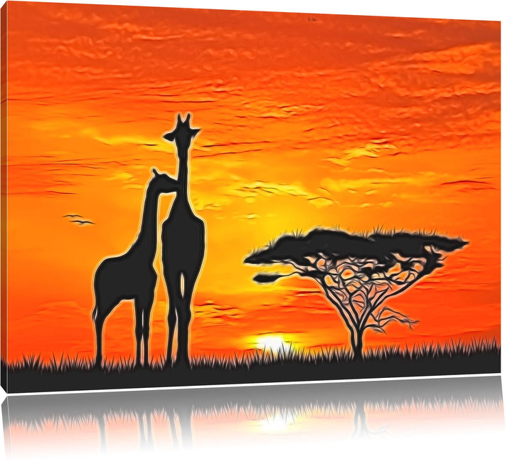 Giraffen im Sonnenuntergang Deluxe Format: 100x70 cm auf Leinwand, XXL riesige Bilder fertig gerahmt
