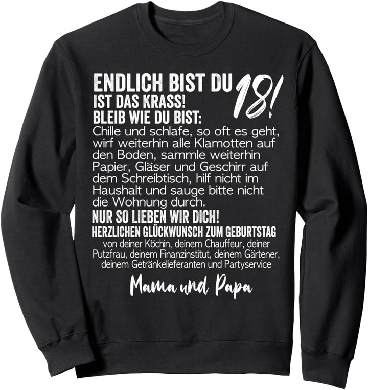 18. Geburtstag Endlich Volljährig sarkastischer Elternbrief Sweatshirt
