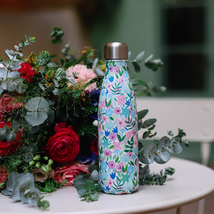 QWETCH - Isothermische Originals Flasche - Flora Blau 500ml - Nomadische Edelstahlflasche - 24h Kalt
