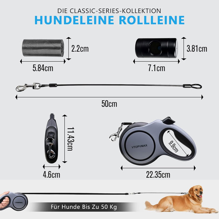 Rollleine 8m - Ausziehbare Hundeleine für Mittelgrosse/Grosse Hunde bis 50kg, Starke Leine mit Kausi