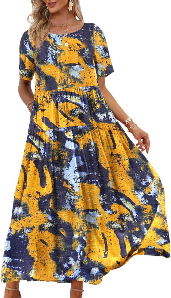 YESNO Damen Kleider Freizeit Lose Sommerkleid Lang Boho Maxikleid für Rundhals Strandkleid Blumenkle