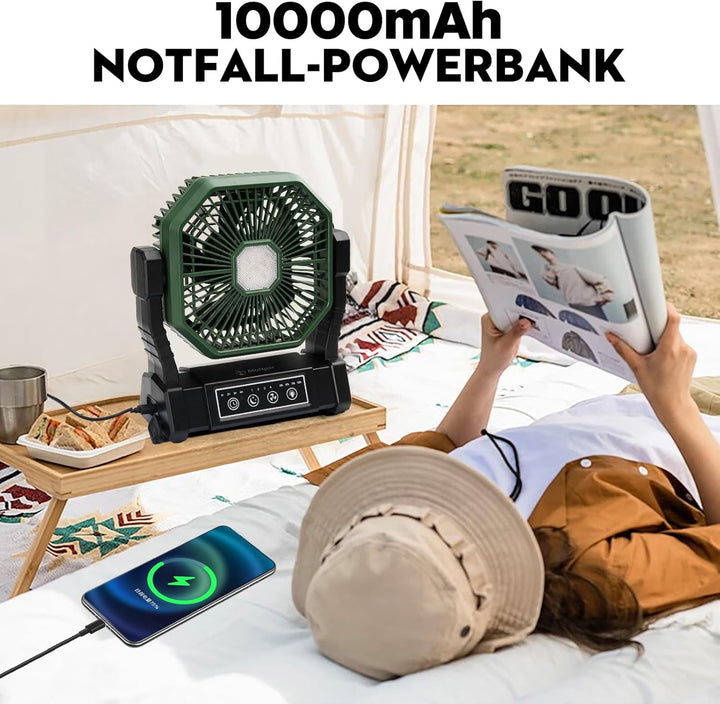 Multper Campingventilator mit LED-Licht, 20000 mAh Wiederaufladbarer Outdoor Zeltventilator mit Hake