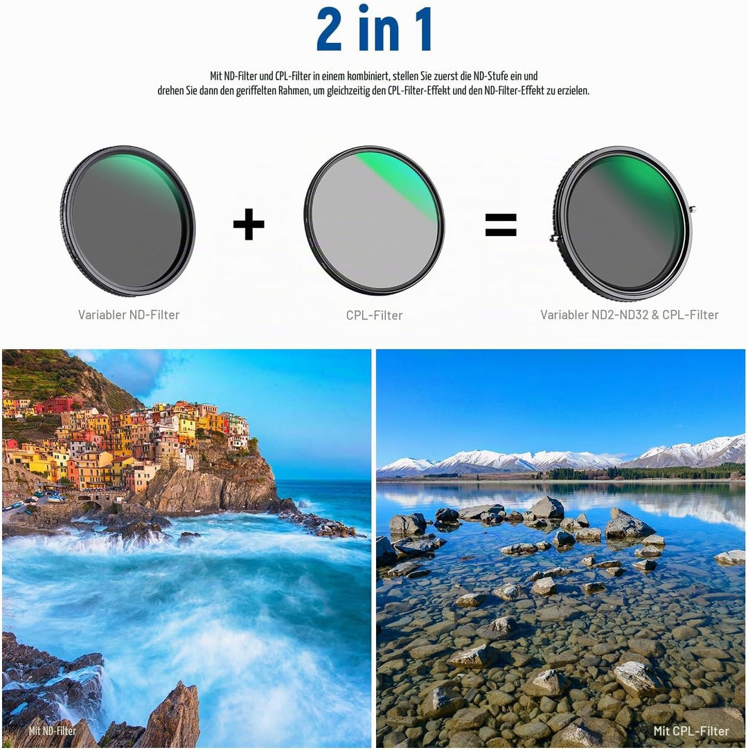 NEEWER 2 in 1 52mm Variable ND Filter ND2-ND32&CPL (Zirkular Polfilter) No X Cross Variabel Graufilt