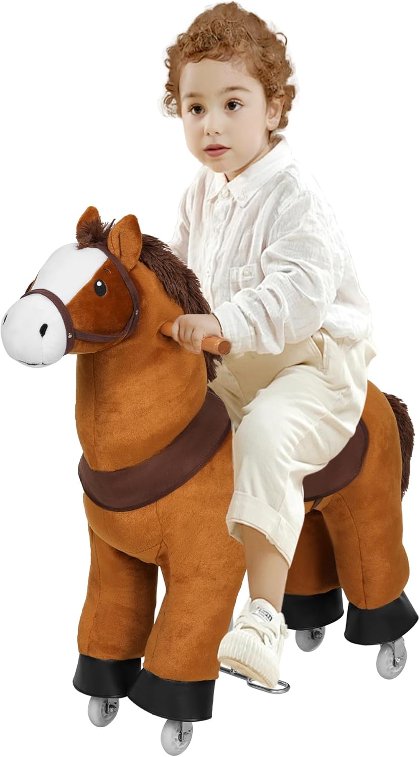 WOLTU Stehpferd auf Rollen, Reitpferd mit Klangfunktion für Kinder ab 4 Jahren, Plüschpferd zum Sitz