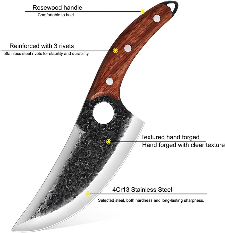 Küchenmesser für alle Zwecke mit Lederholster,Handgeschmiedetes Küchenmesser mit Holzgriff, Japanisc
