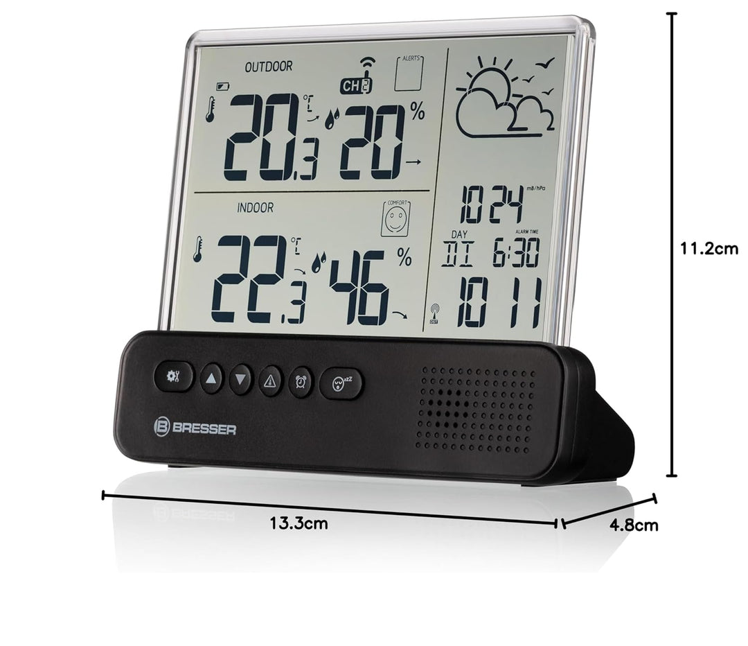 Bresser Funkwetterstation mit Aussensensor transparentem Display Temperatur Luftfeuchtigkeit Wecker
