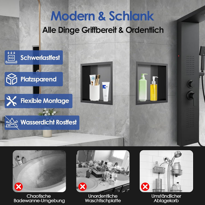 ROVOGO 30x30x10cm Nano Schwarz Wandnische Dusche Edelstahl, Eingebettete Duschnische Einzelregal Lag