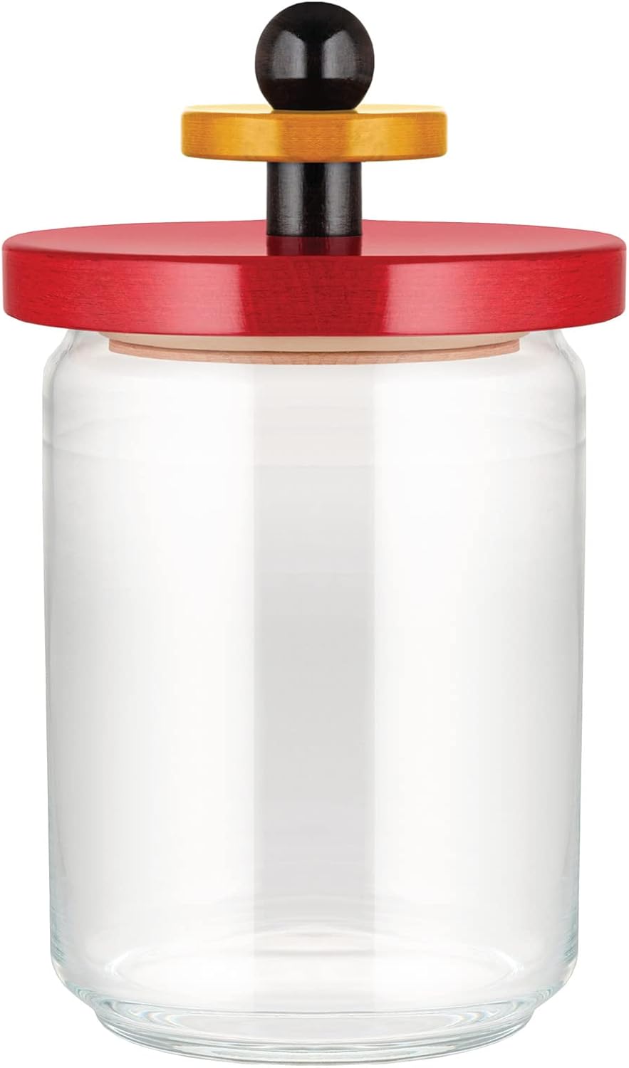 Alessi ES16/100 Küchendose aus Glas mit abgedichtetem Deckel aus Buchenholz, rot, schwarz und gelb 1
