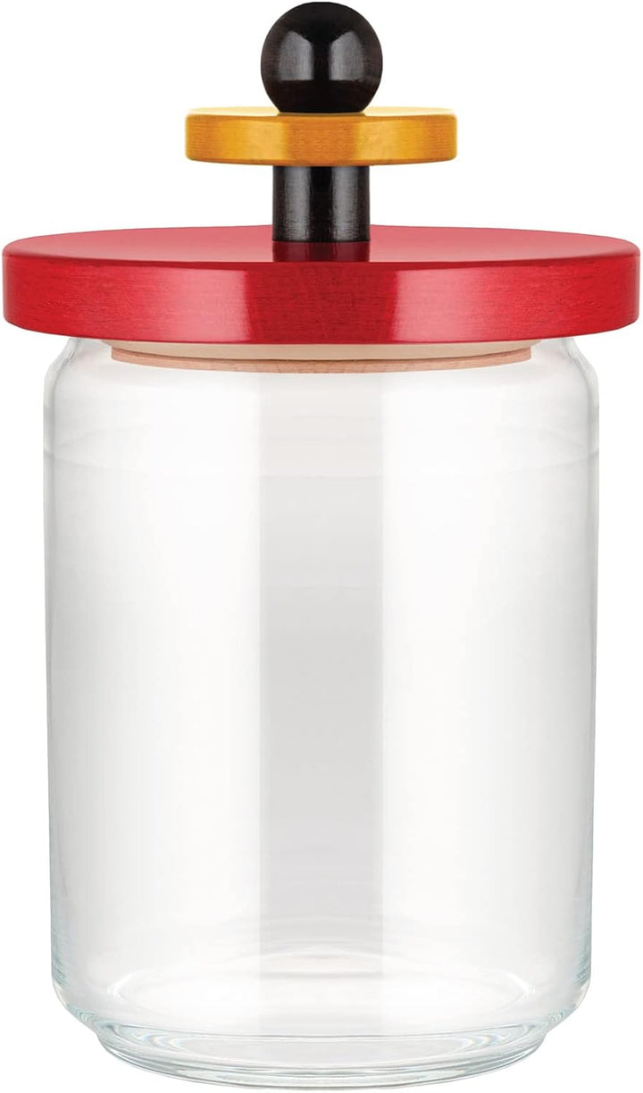 Alessi ES16/100 Küchendose aus Glas mit abgedichtetem Deckel aus Buchenholz, rot, schwarz und gelb 1