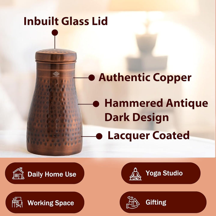 INDIAN ART VILLA Pure Copper Schlafzimmer Wasserflasche mit eingebautem Glas, gehämmertes Antik-Desi