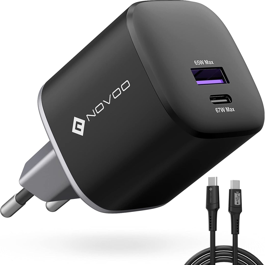 NOVOO 67 W USB-C-Ladegerät mit 2 Anschlüssen, GaN Ladegerät, schnelles Kompakt, faltbar, für Reise,