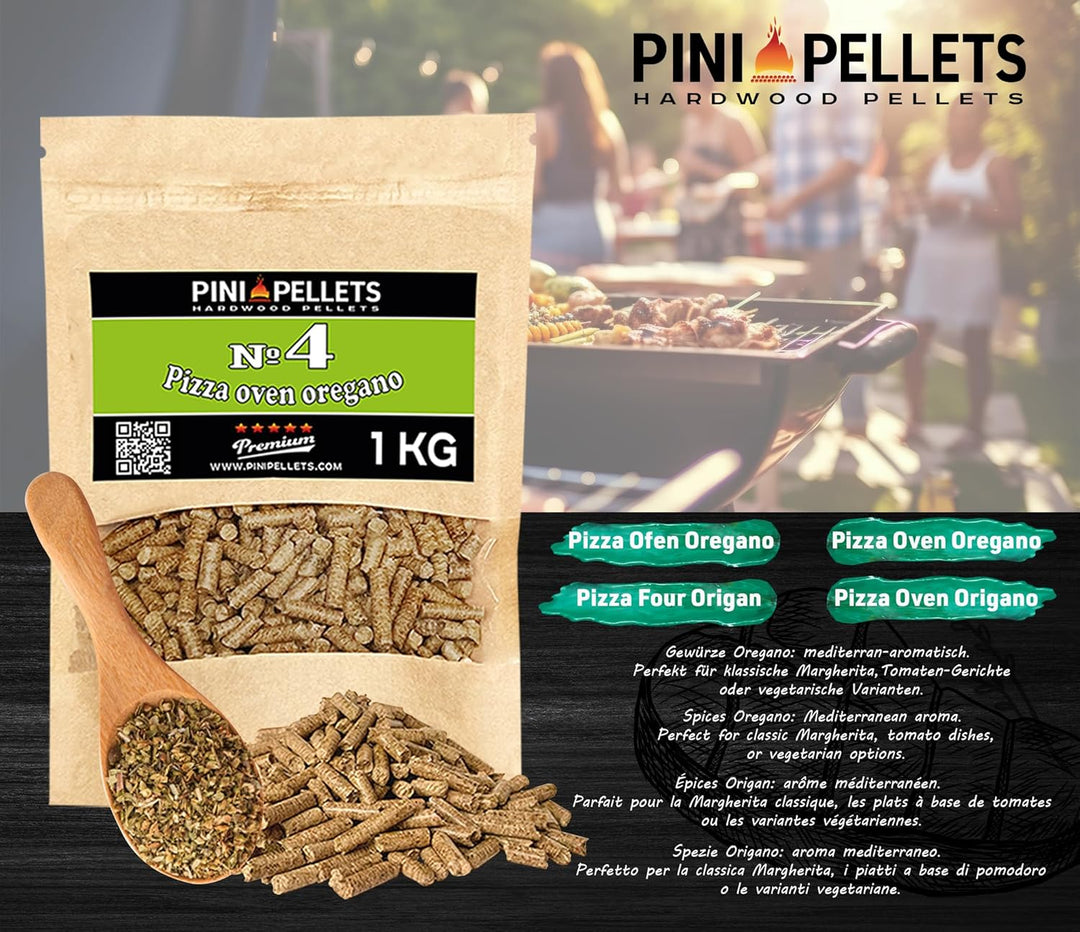 PINI Naturholzpellets Set 4X 1 kg für Pizzaofen aus 4 Sorten - Pizzapellets Nr 3, Oregano Nr. 4, Bas