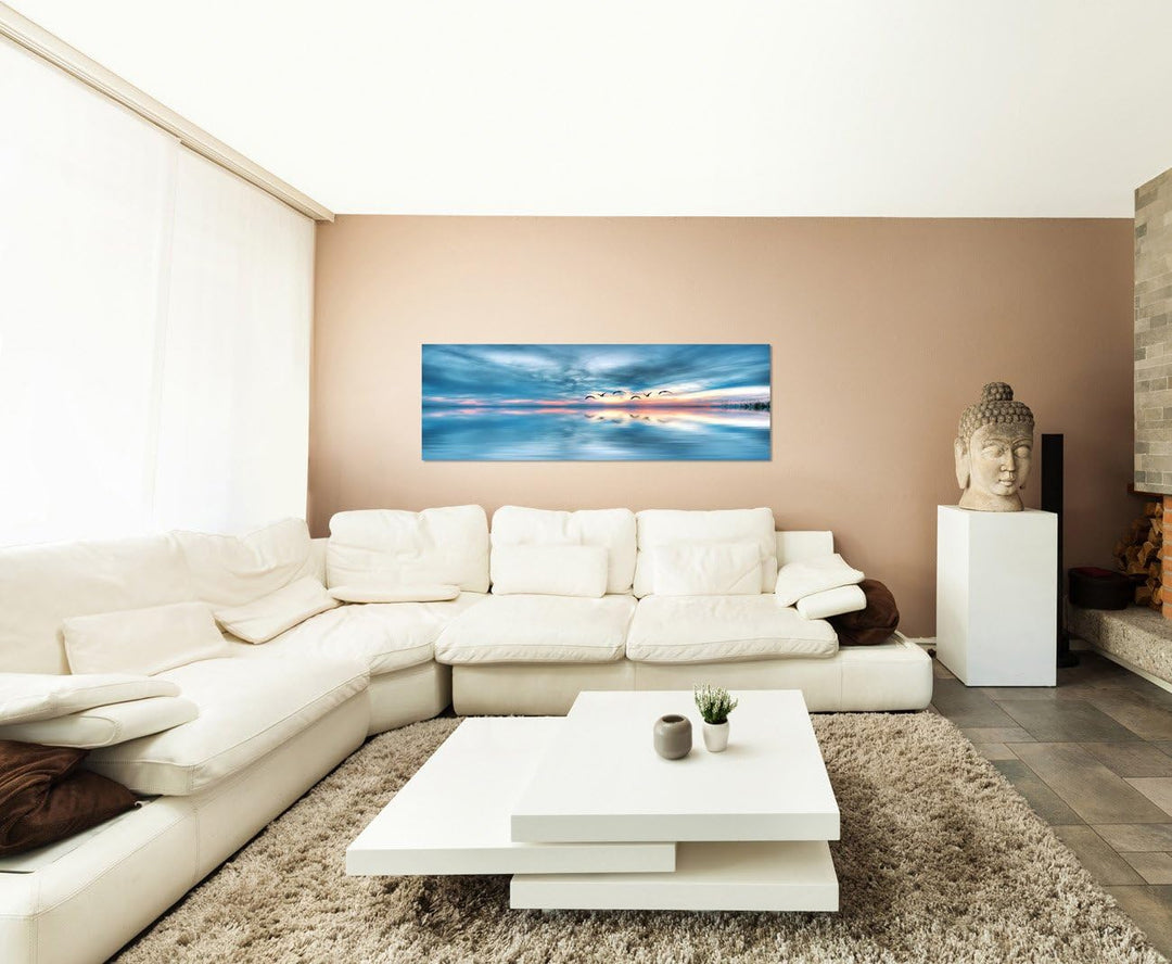 Paul Sinus Art Panoramabild auf Leinwand und Keilrahmen 150x50cm Meer Himmel Wolken Vögel