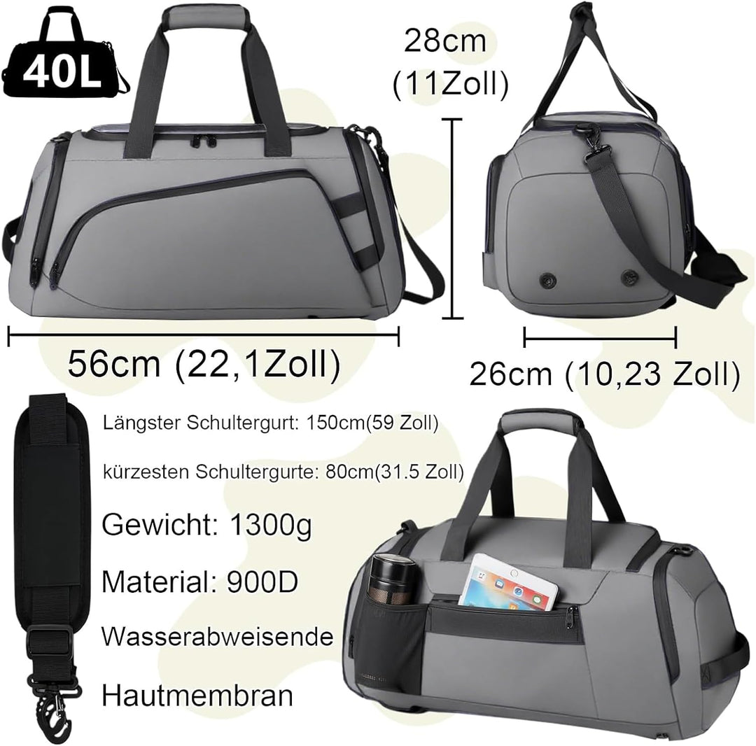 40L Sporttasche Herren Reisetasche Rucksack mit Schuhfach Nassfach Wasserdicht Trainingstasche Trave