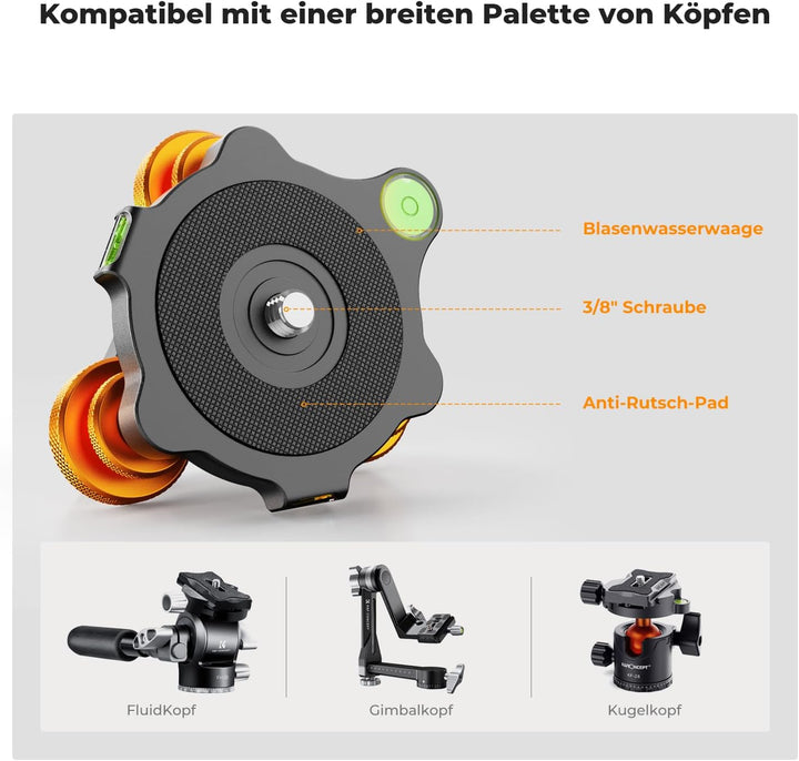 K&F Concept Stativkopf Nivellierbasis, Aluminium Nivelliersockel, Nivellierbasis mit 3/8" Schraube,-