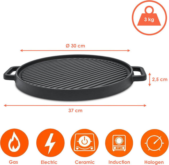 Spetebo Gusseisen Grillplatte 30 cm - Gusspfanne mit Griff rund - Grill Pfanne Bratpfanne Platte Ind
