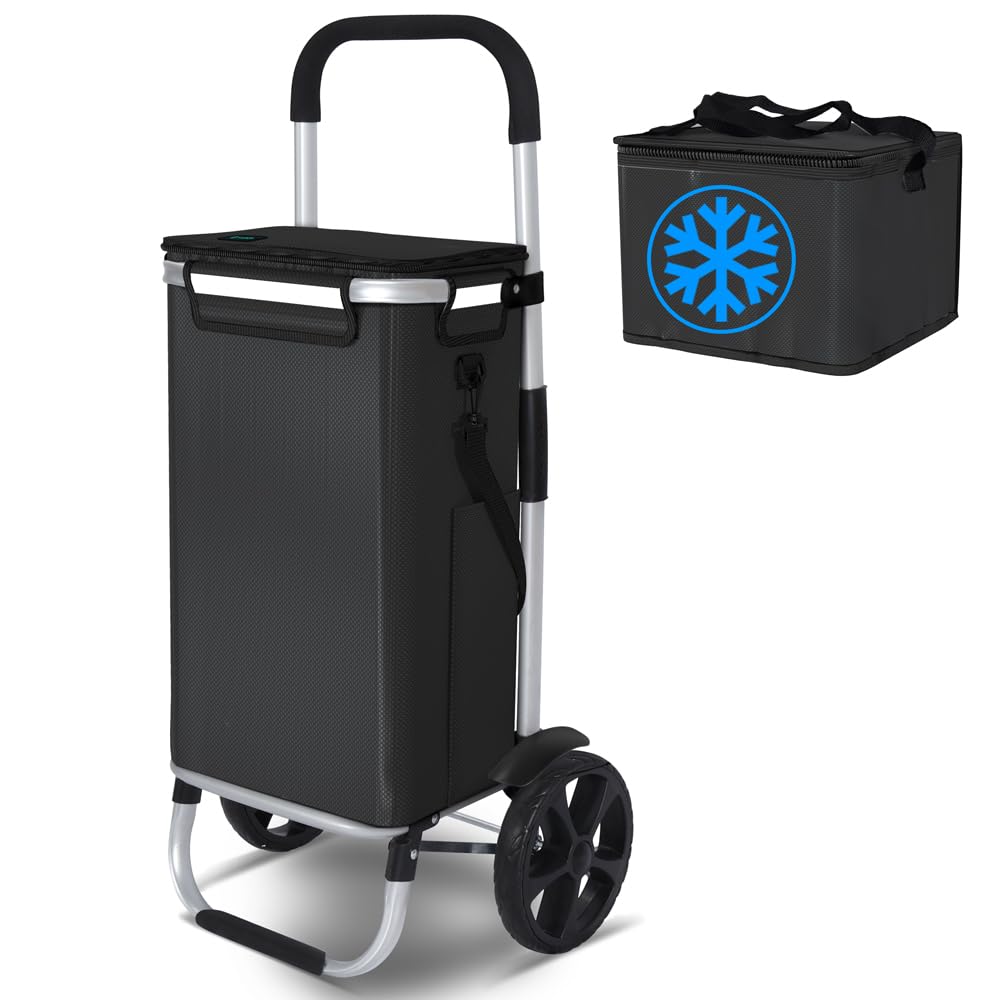 VOUNOT® Einkaufstrolley Klappbar aus Aluminium mit 58L Wasserdichter Tasche und Kühlfach, 2 Extra gr