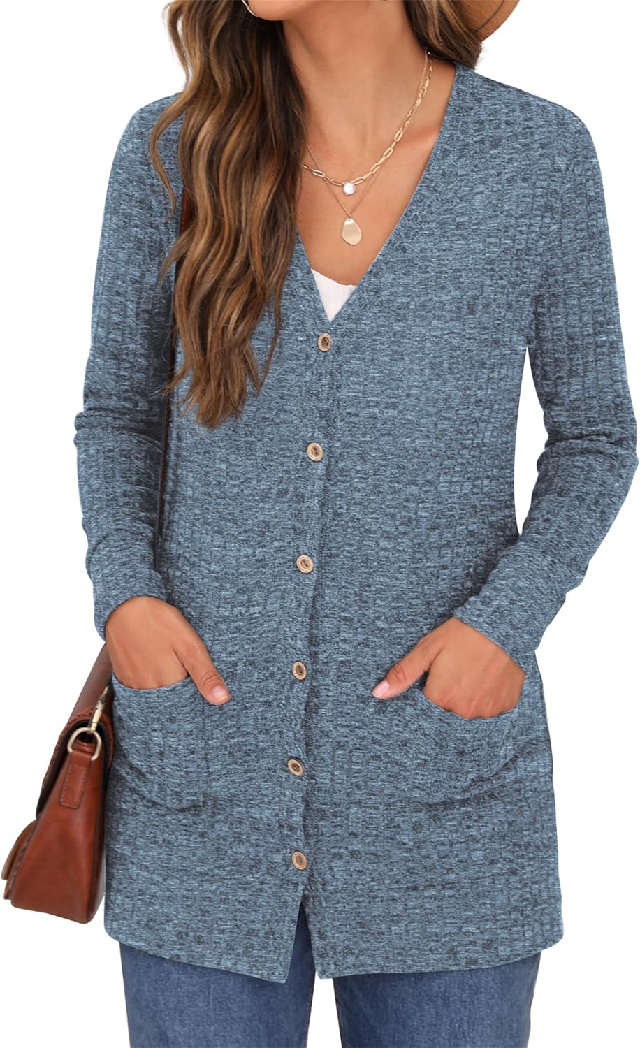 GRECERELLE Damen Lang Strickjacke Herbst Leichte mit Taschen und Knöpfen Weiche Long Elegant Gerippt