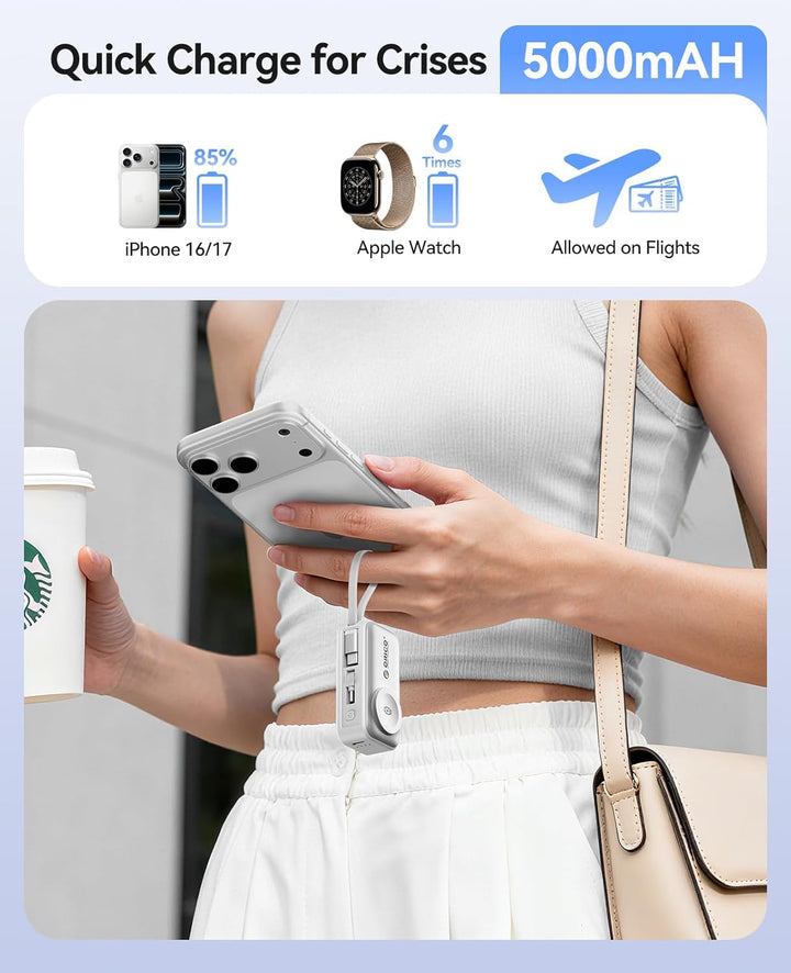 ORICO Mini Powerbank 5000mAh, PD 22,5W Externe Handyakkus mit Klappbarem USB-C Stecker & USB-C Kabel