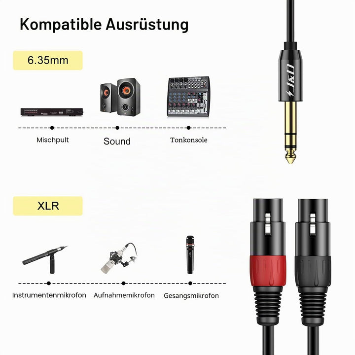 J&amp;D 6,35 mm (1/4 Zoll) TRS Stecker auf Dual XLR Weiblich Y Splitter Kabel, 2 XLR Weiblich zu 6,35mm