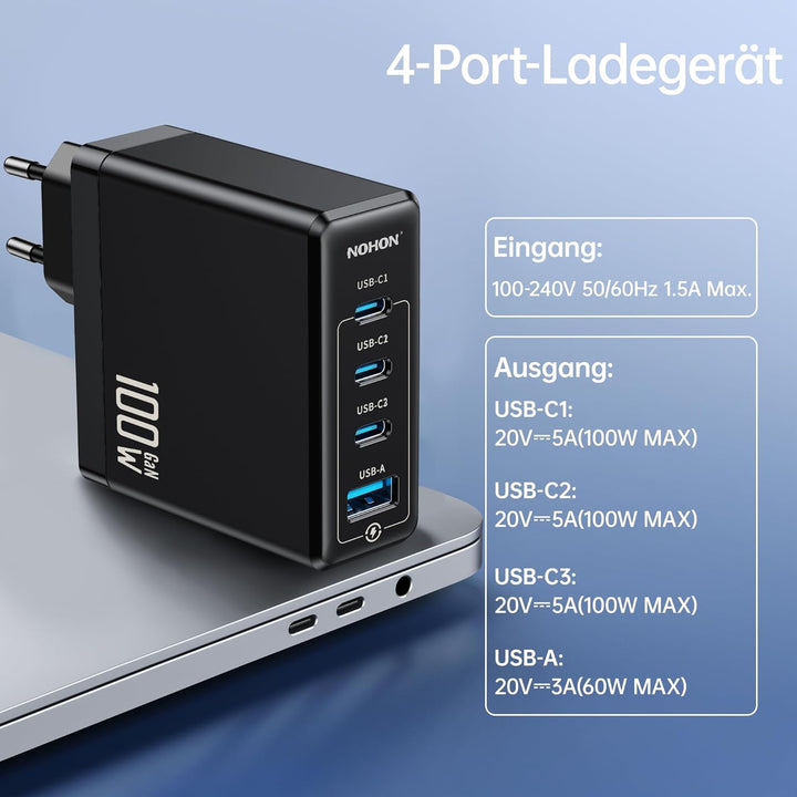 NOHON USB-C Ladegerät Fast Netzteil: 100W GaN Handy 3-Port Schnellladegerät PD3.0 mit 140W Typ-C 1.2