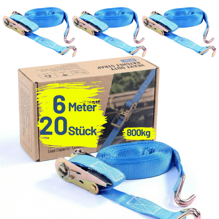 20x Spanngurt Zurrgurt mit Haken 6 m bis 800 kg / 800 daN, zweiteilig 2-TLG Ratschengurt blau, 25 mm