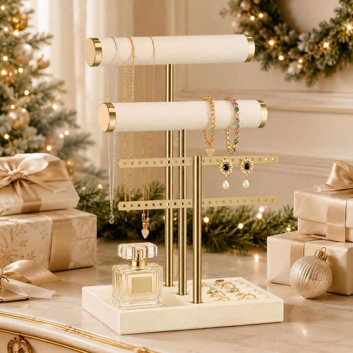 Schmuck Organizer mit 3 Ebenen - Beige Schmuckständer Armbänder, Abnehmbarer T-Steg Schmuck Ständer,