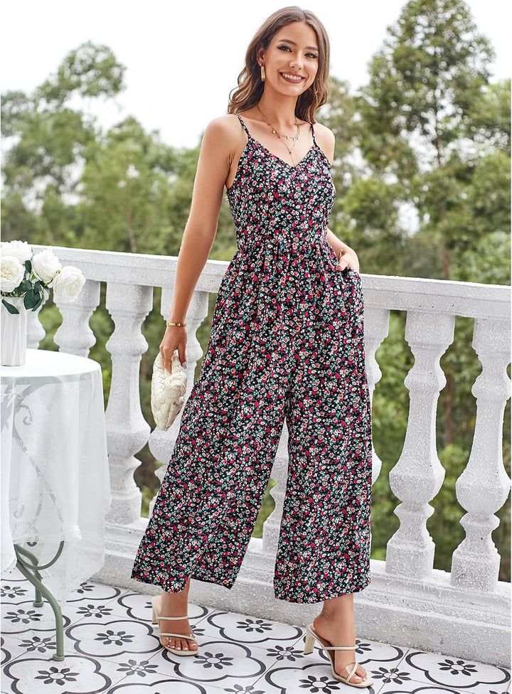 LAISHEN Jumpsuit Damen Sommer Overall Elegant Festlich Hochzeit Lang Hosenanzug Weites Bein Hose Pla