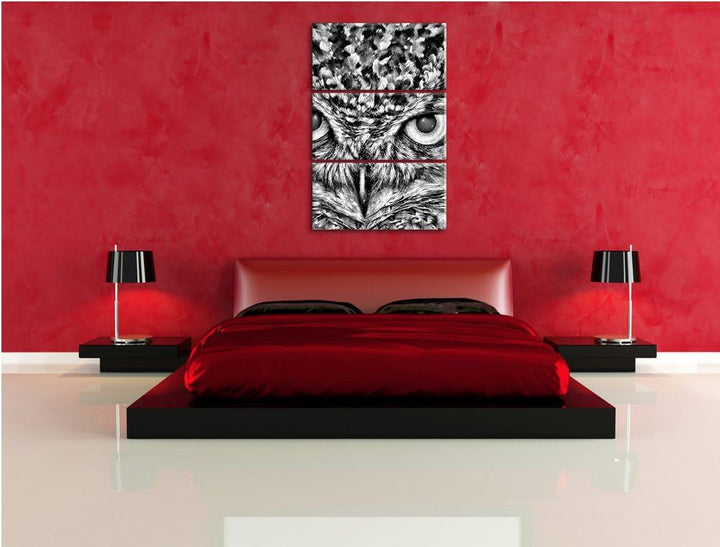 Pixxprint Eule mit gelben Augen als Leinwandbild/Grösse: 3 Teilig (120x80) cm/Wandbild/Kunstdruck/fe