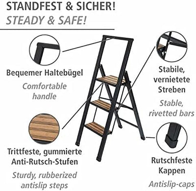 WENKO Leichte Aluminium Trittleiter mit 3 Stufen für 75 cm höheren Stand, rutschsichere XXL-Stufen,