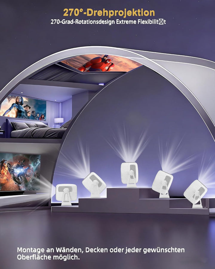 【Offiziell Lizenziertes Netflix & Autofokus】 Mini-Projektor mit WLAN und Bluetooth, 270°-Drehung, ge