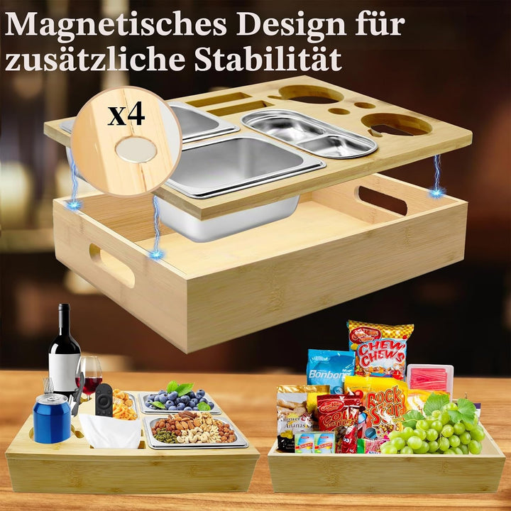 Couchbar Snackbox mit Geschenkbox, Holz Couch Bar, Couch Tablett Mit Snackschalen Aus Edelstahl, Get