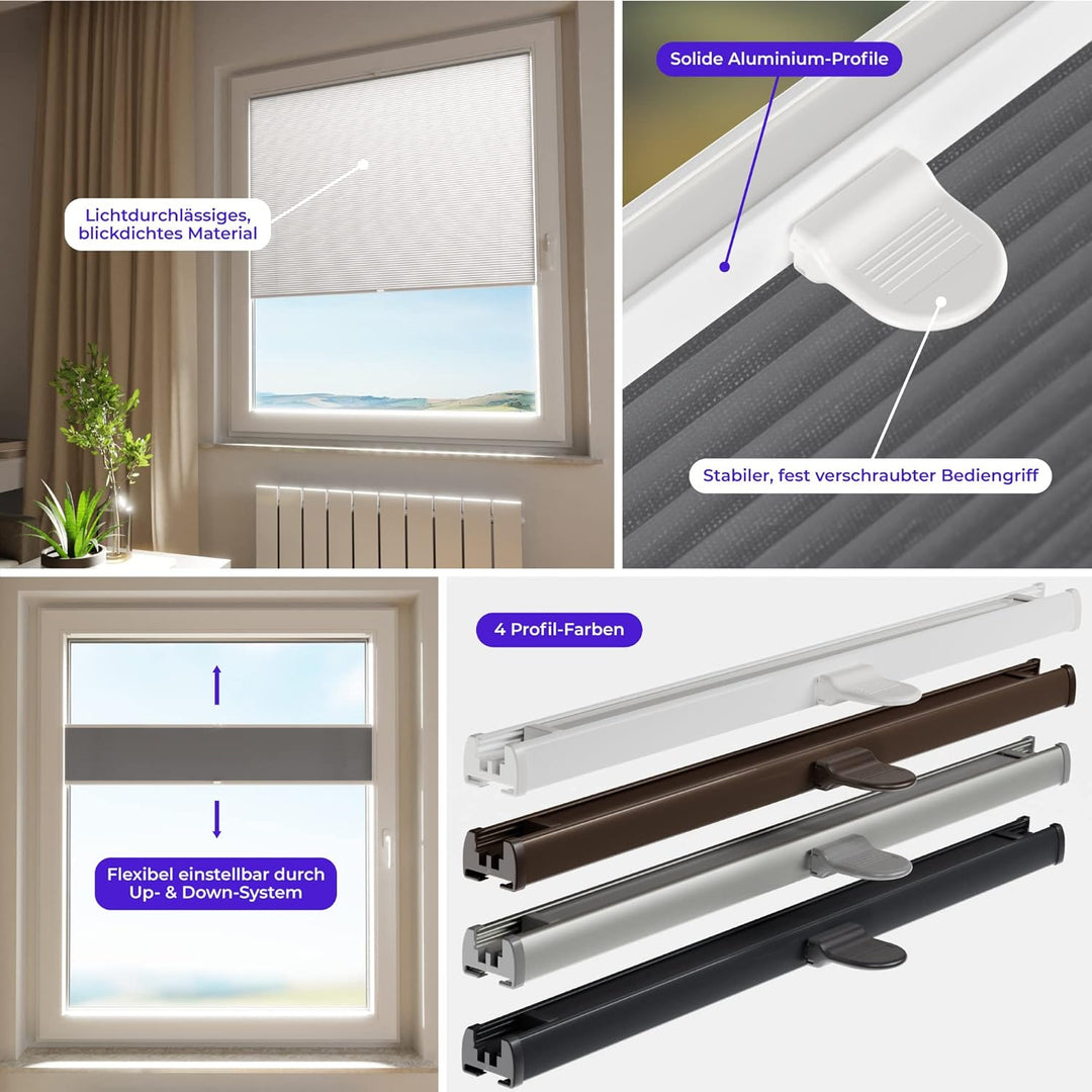 SchattenFreude Wabenplissee nach Mass für Fenster & Tür | Zum Anschrauben in der Glasleiste | Lichtd